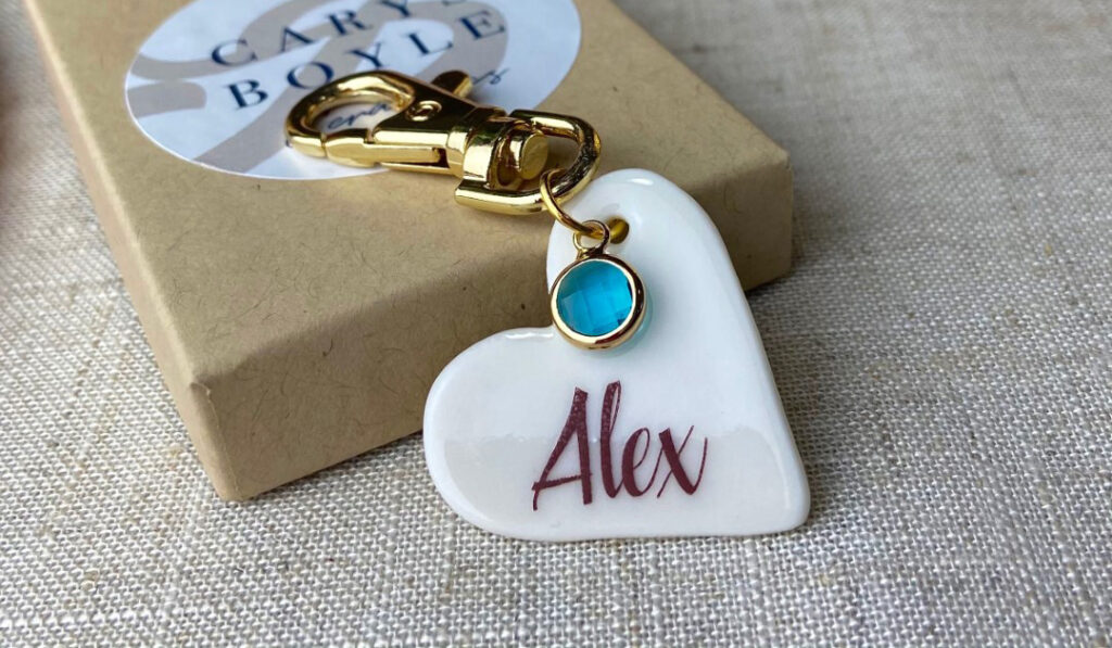crystal aquamarine personalised porcelain key ring birthday gift 1 1024x597